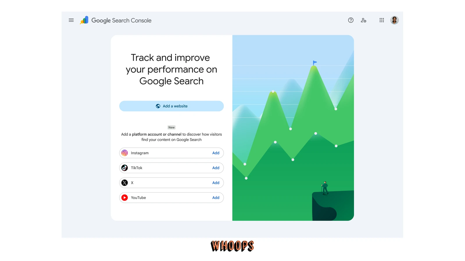 Google Search Console 平台資源設定畫面，列出 Instagram、TikTok、X 與 YouTube 帳號連結選項