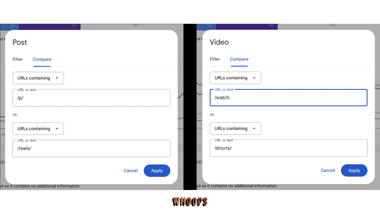 Search Console Performance 比較模式官方畫面，對照社群貼文與 Reels、YouTube 長影片與 Shorts