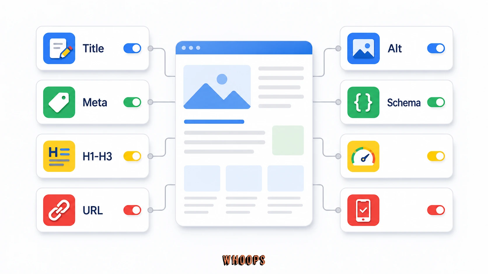 On-Page SEO 八要素:On-Page SEO 由標題、中繼描述、標題結構、URL、圖片、內容、內部連結與 Schema 組成