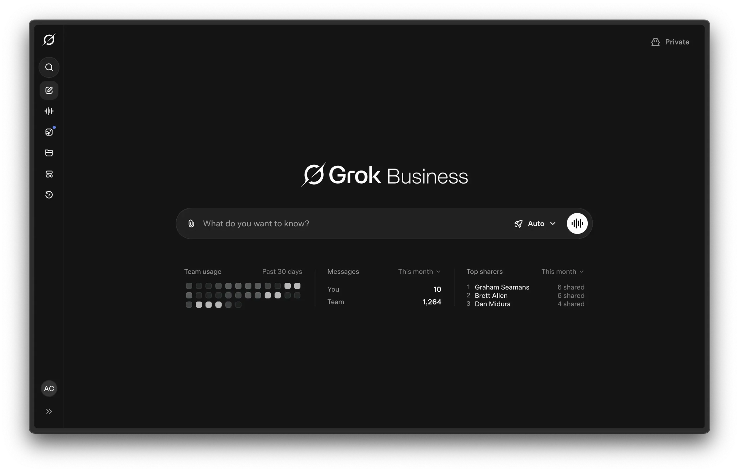 xAI 官方 Grok Business 產品頁介面，呈現團隊版 Grok 的工作空間。