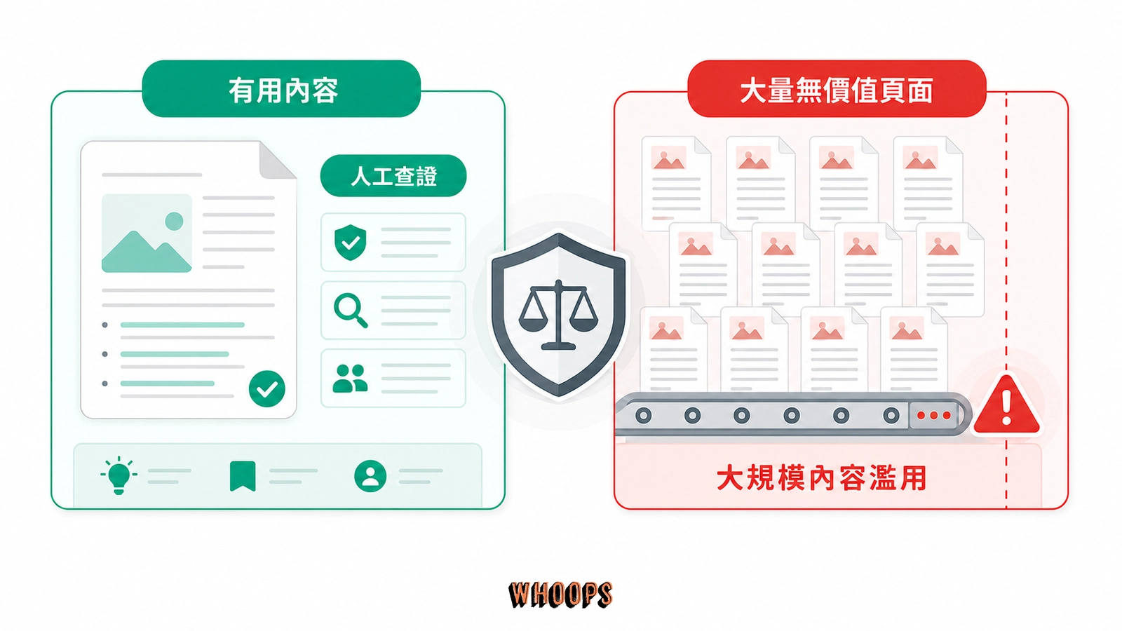 Google AI 內容政策邊界圖,區分有用內容與人工查證的安全做法,以及大量無價值頁面的大規模內容濫用風險