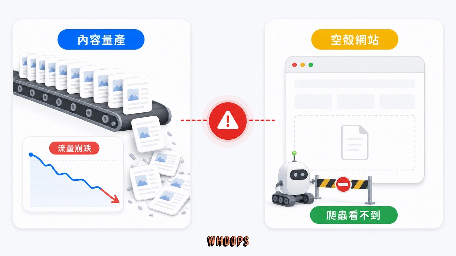 AI SEO 兩種失敗路徑,左側是內容量產後流量崩跌,右側是空殼網站讓爬蟲看不到內容