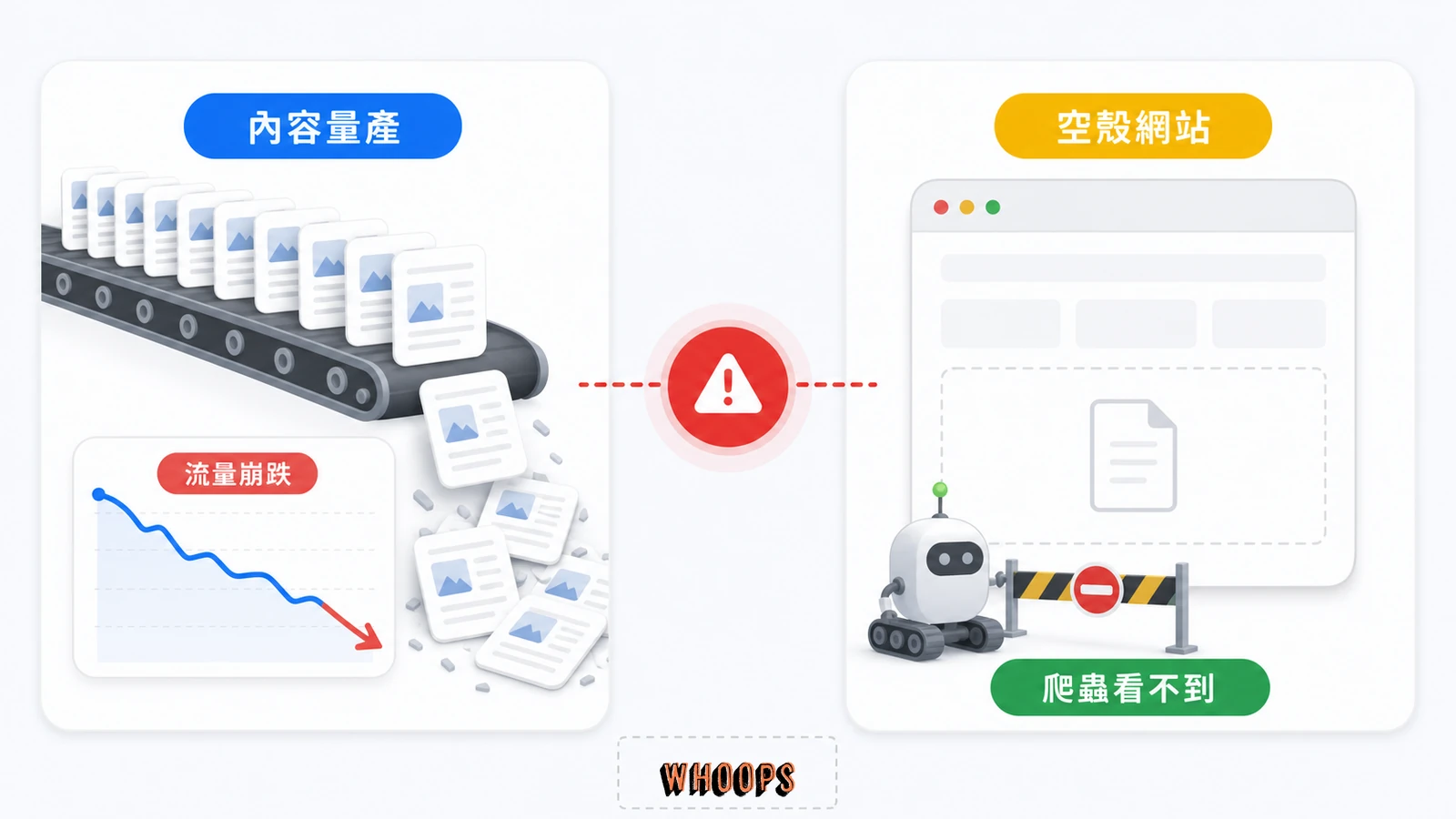 AI SEO 兩種失敗路徑，左側是內容量產後流量崩跌，右側是空殼網站讓爬蟲看不到內容