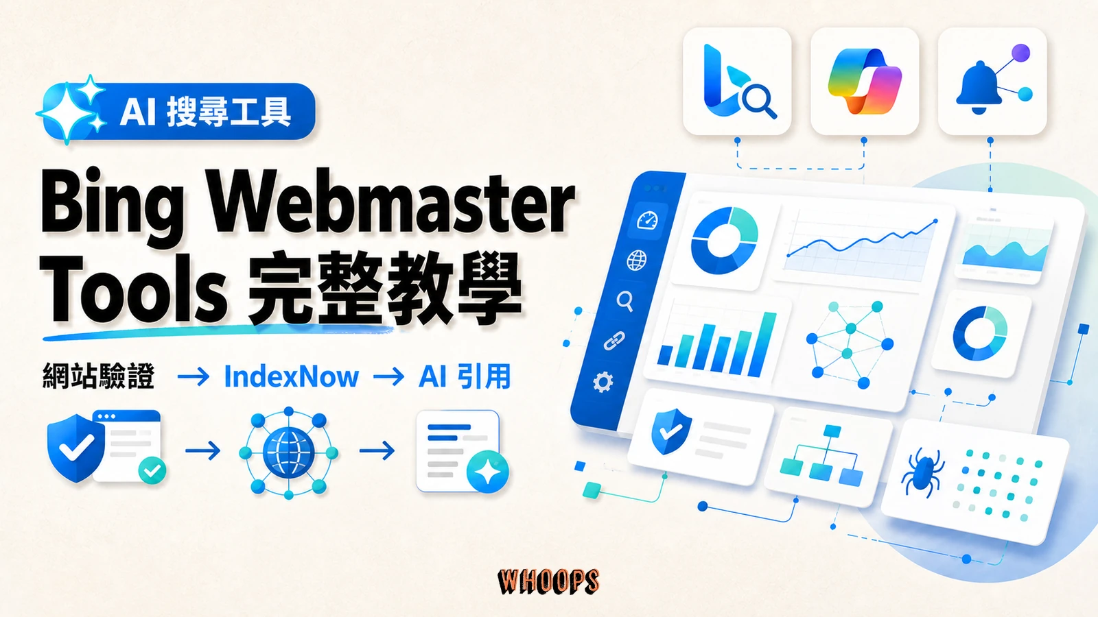 Bing Webmaster Tools 完整教學精選圖片，呈現網站驗證、IndexNow、Bing 索引與 AI 引用流程