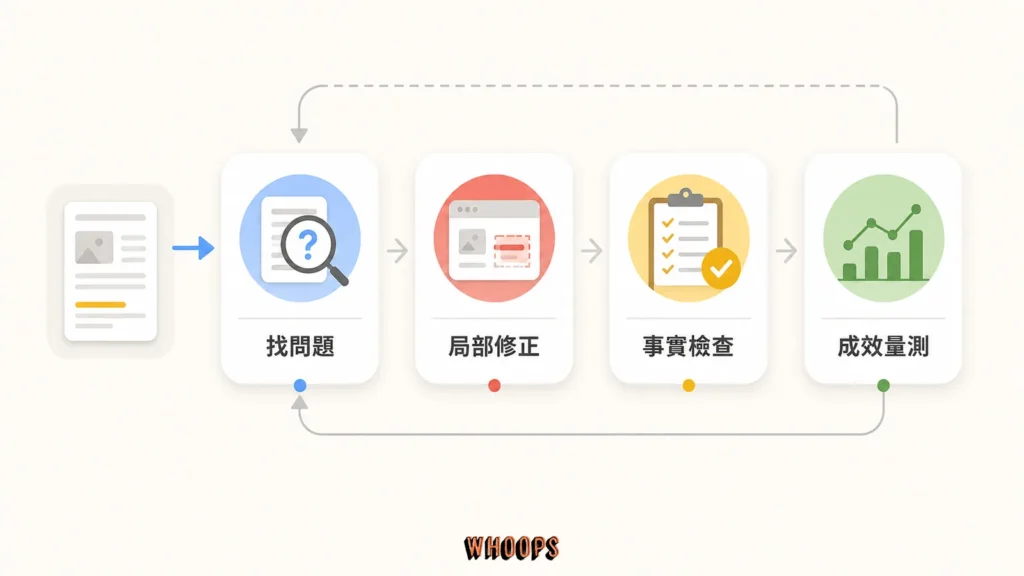 ChatGPT 先診斷舊文章、局部修正、事實查核，再回到成效量測的內容最佳化循環