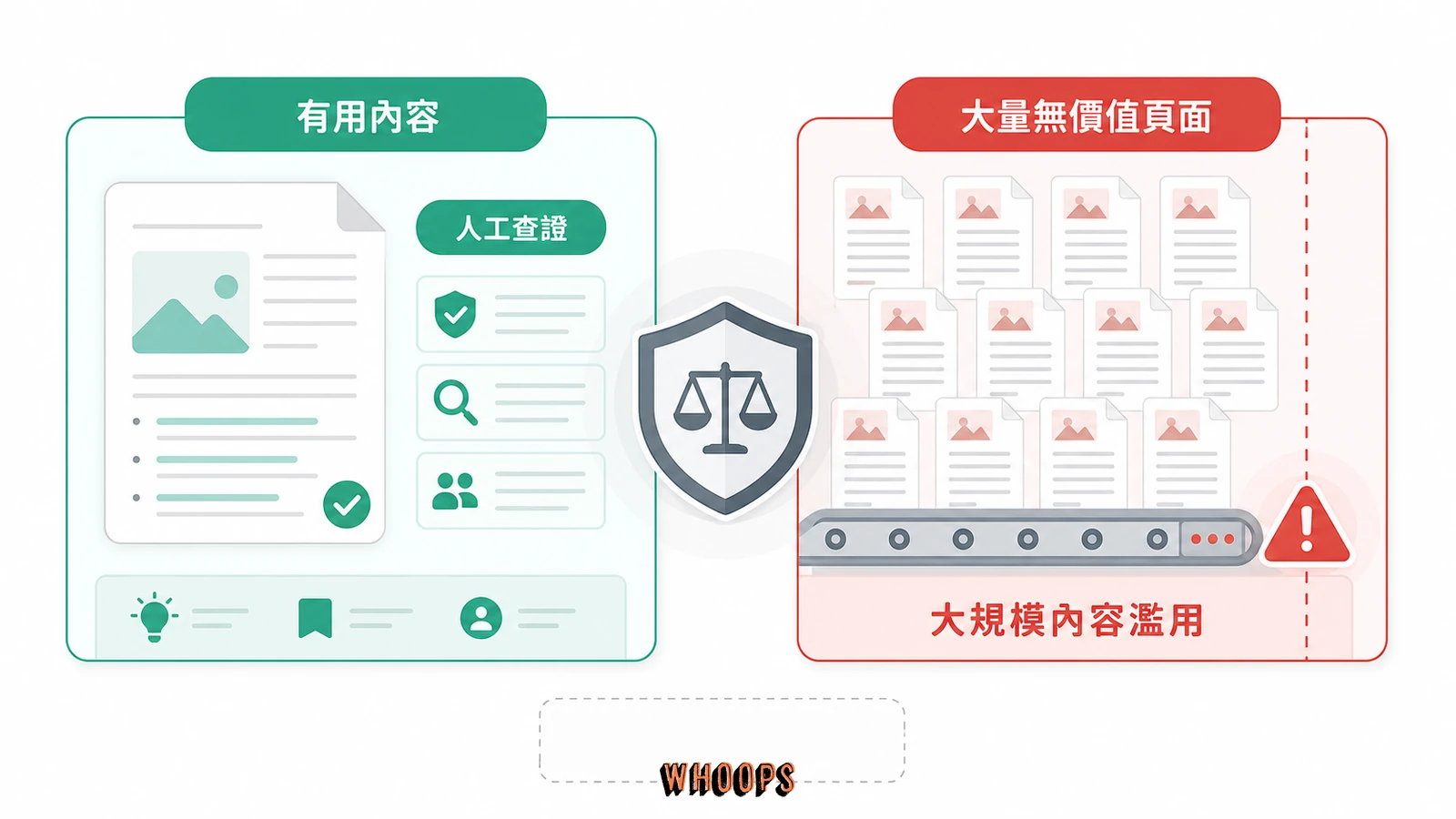 Google AI 內容政策邊界圖，區分有用內容與人工查證的安全做法，以及大量無價值頁面的大規模內容濫用風險