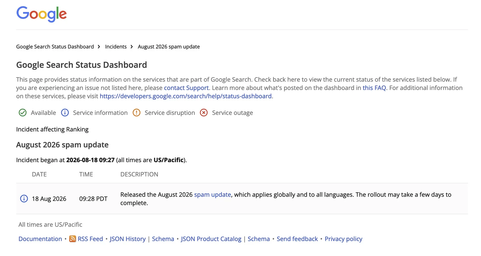 Google 搜尋狀態頁的 August 2026 spam update 事件記錄,載明 2026 年 8 月 18 日上午 9:27 美西時間開始,影響產品為 Ranking