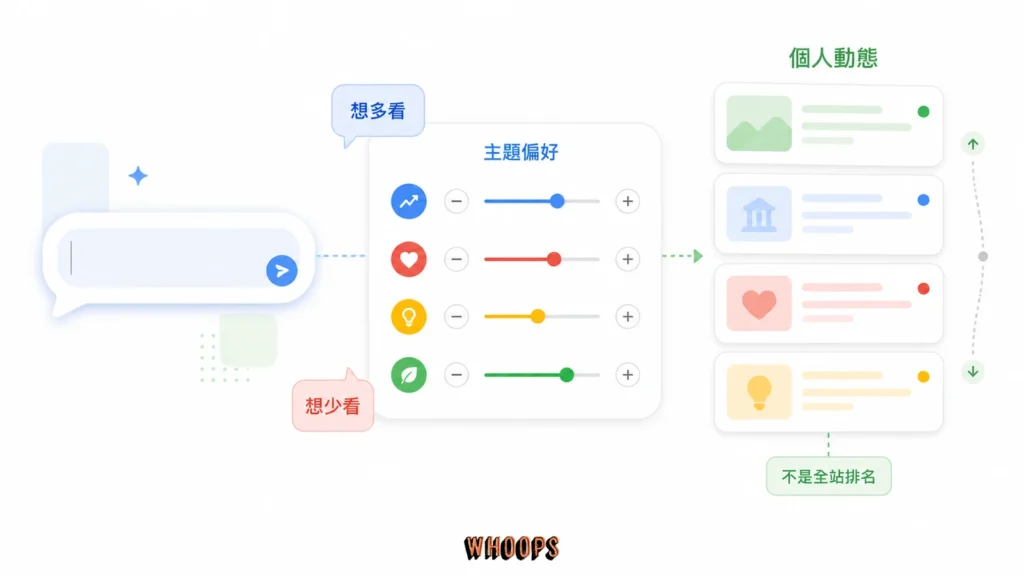 讀者用自然語言調整 Google Discover 主題偏好並改變個人動態的示意圖