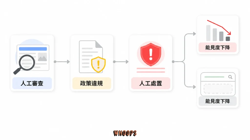 Google 人工處置流程圖，呈現人工審查員判定違反垃圾內容政策後，網站可能排名下降或從搜尋結果消失