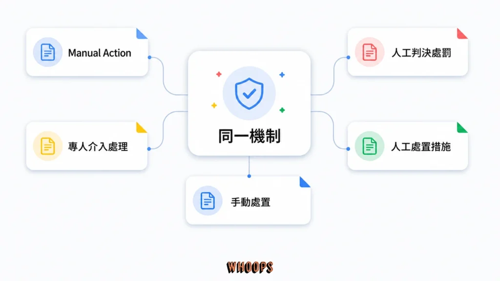 人工處置名稱對照圖，將 manual action、人工判決處罰、專人介入處理、人工處置措施與手動處置連到同一機制