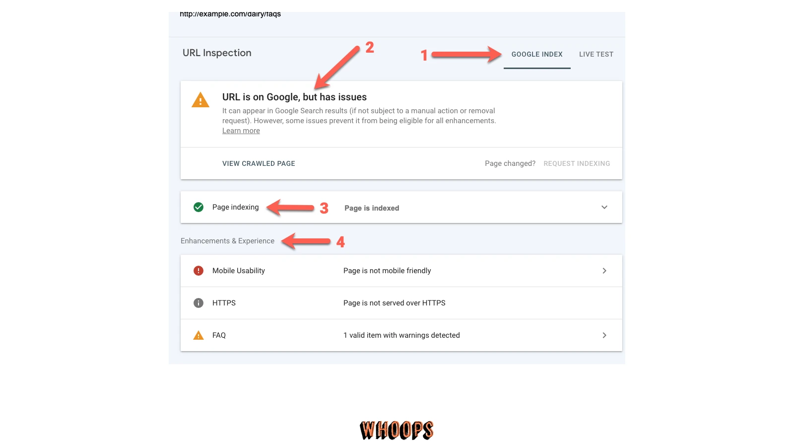 Google Search Console 網址檢查官方畫面,顯示網址是否能建立索引以及檢索與索引狀態