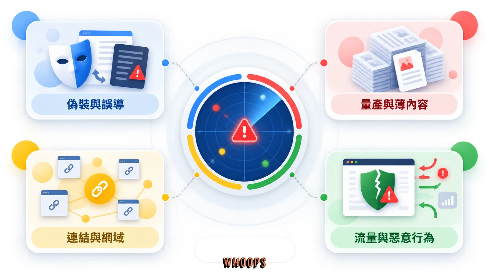 Google 垃圾內容政策中的偽裝誤導、量產薄內容、連結網域與惡意行為四大風險群