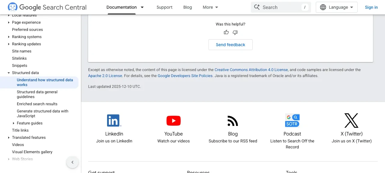 Google 結構化資料說明頁頁尾顯示上次更新日期,當時頁面尚未加入 JSON-LD 跳脫指引。