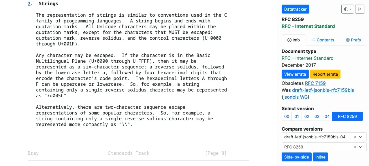 RFC 8259 第 7 節 Strings 原文,說明 JSON 字串必須跳脫的字元與 Unicode 十六進位跳脫規則。