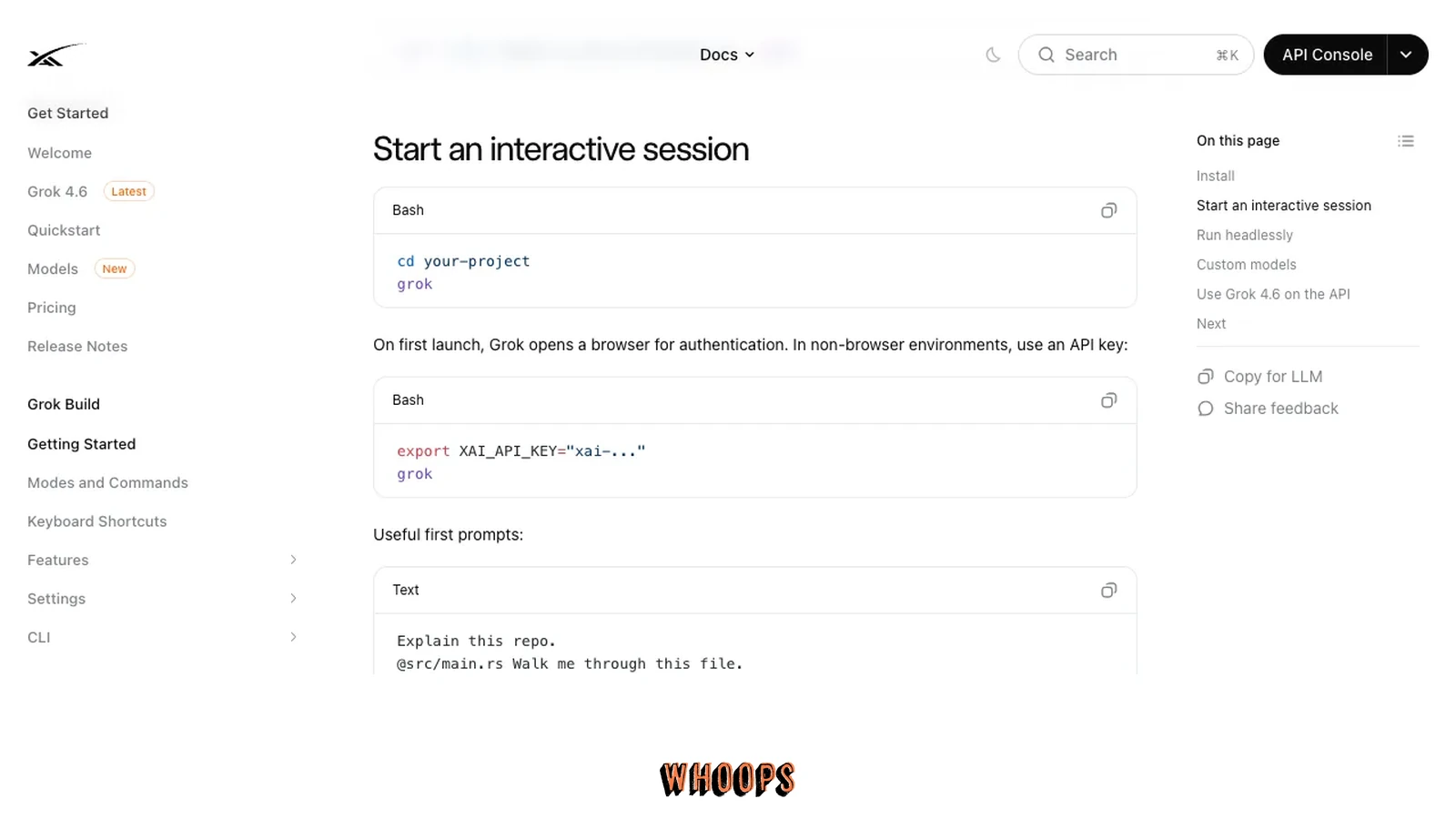 xAI 官方 Grok Build 文件的首次啟動、瀏覽器 OAuth 登入與 API key 說明。