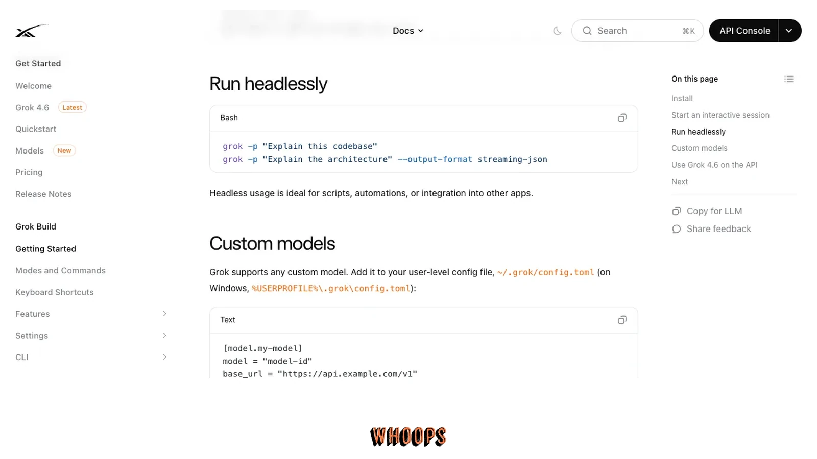 xAI 官方 Grok Build 文件的 headless 模式、grok -p 與 streaming-json 輸出範例。