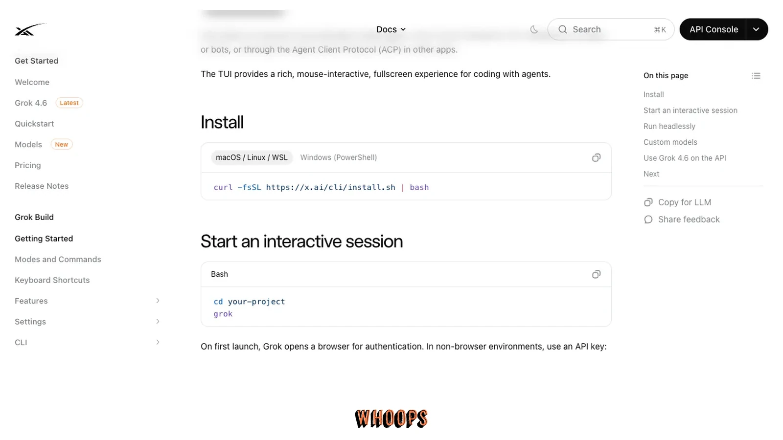 xAI 官方 Grok Build 文件的 macOS、Linux 與 WSL 一行安裝指令。