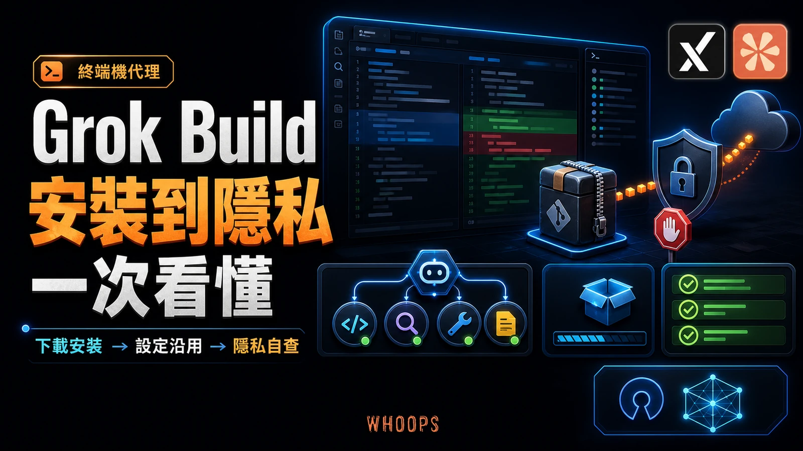 Grok Build 終端機編碼代理完整解析精選圖,呈現安裝、設定沿用、程式碼工作流與隱私自查。