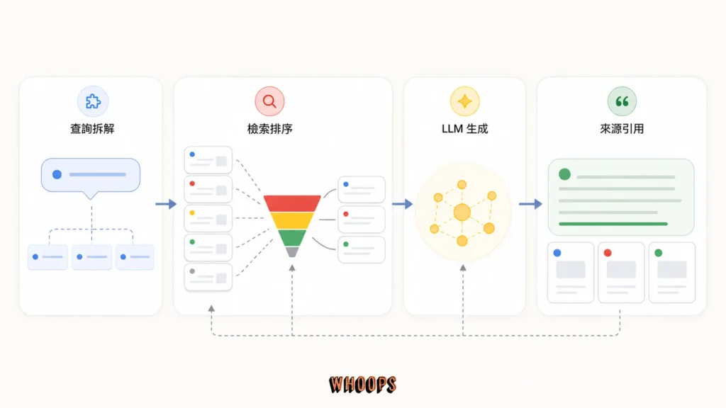 AI 搜尋從查詢拆解、網頁檢索到 LLM 組織答案與引用來源的架構圖