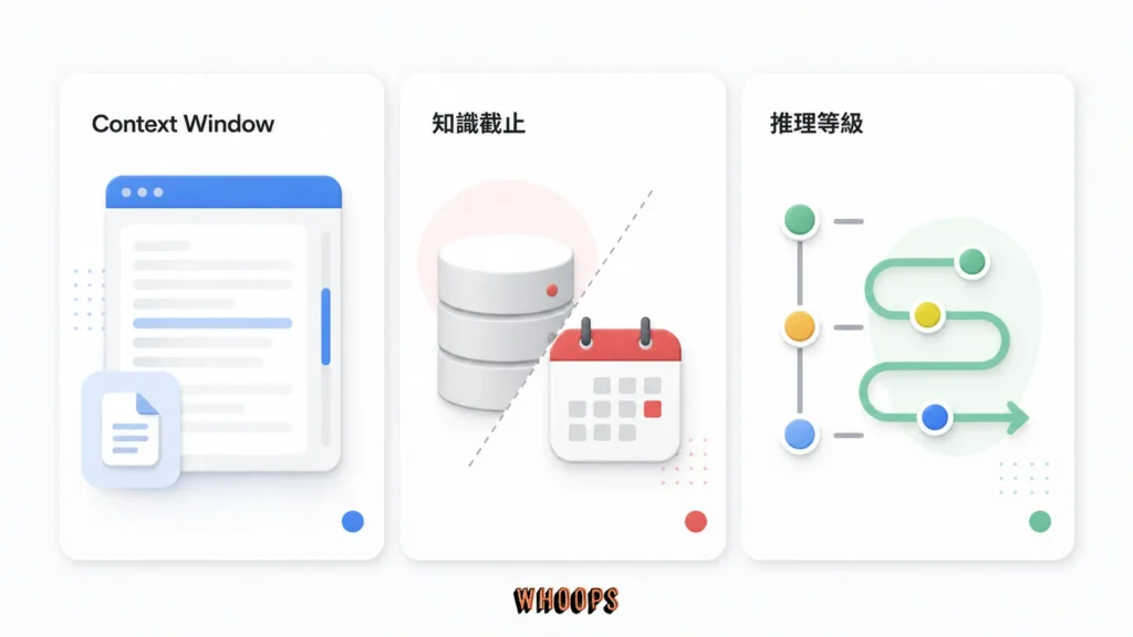 context window、知識截止與推理等級三個 LLM 規格欄位說明圖