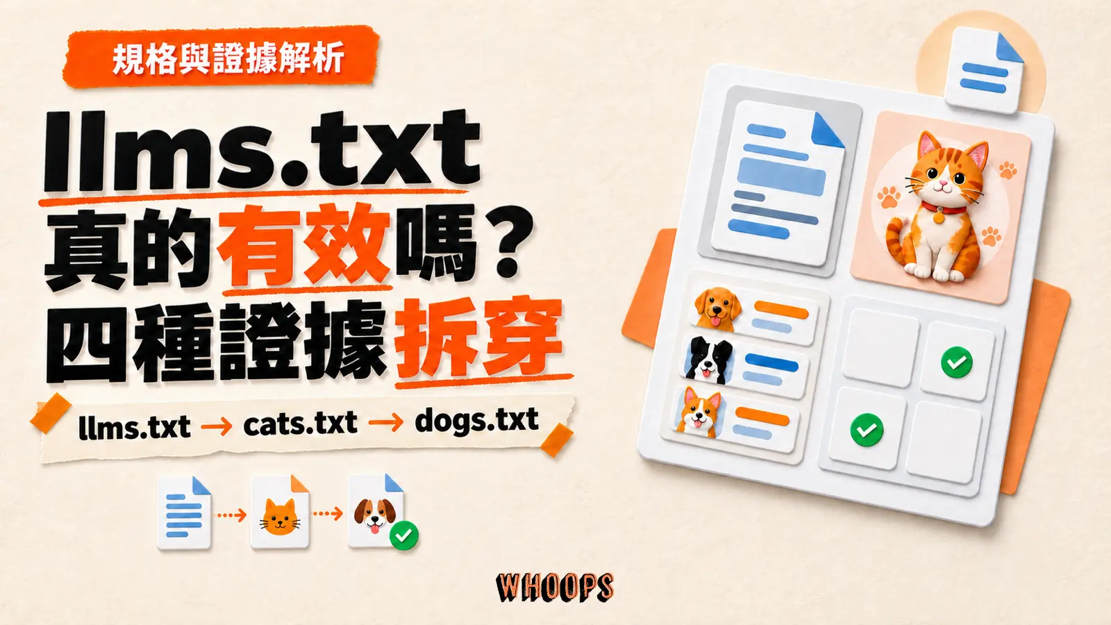 llms.txt 是什麼?用 cats.txt 和 dogs.txt 拆穿四種「有效」證據的精選圖。
