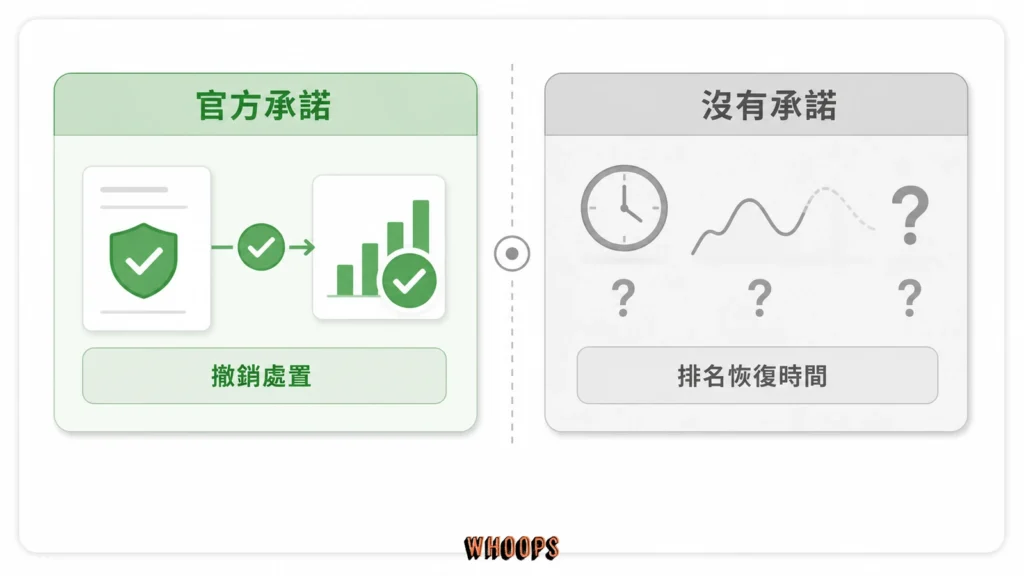 人工處置承諾邊界圖，官方承諾符合政策後撤銷處置，但沒有承諾排名恢復時間或回到原位