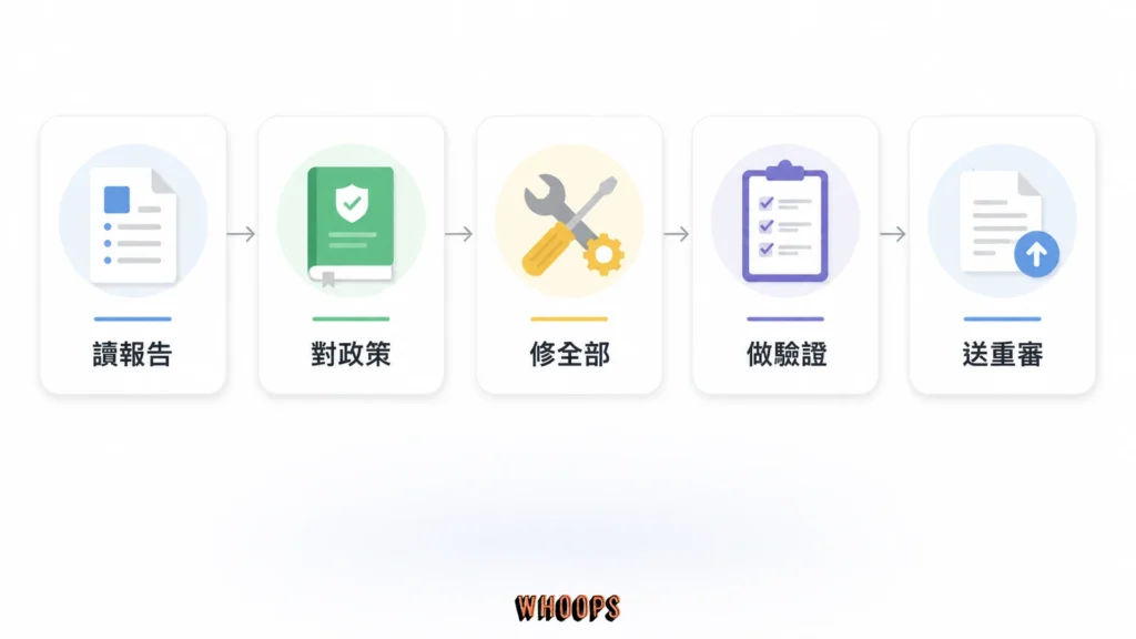 人工處置處理順序圖，依序讀取報告、對照政策、全面修正、驗證結果並提交重新審查