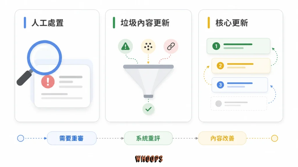 人工處置、垃圾內容更新與核心更新比較圖，對照決定方式、通知、修復路徑與是否需要重新審查