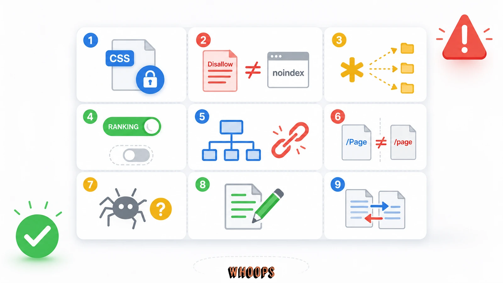 robots.txt 常見錯誤檢查表,涵蓋誤擋 CSS 與 JS、把 Disallow 當 noindex、萬用字元過寬、Sitemap 錯誤等問題