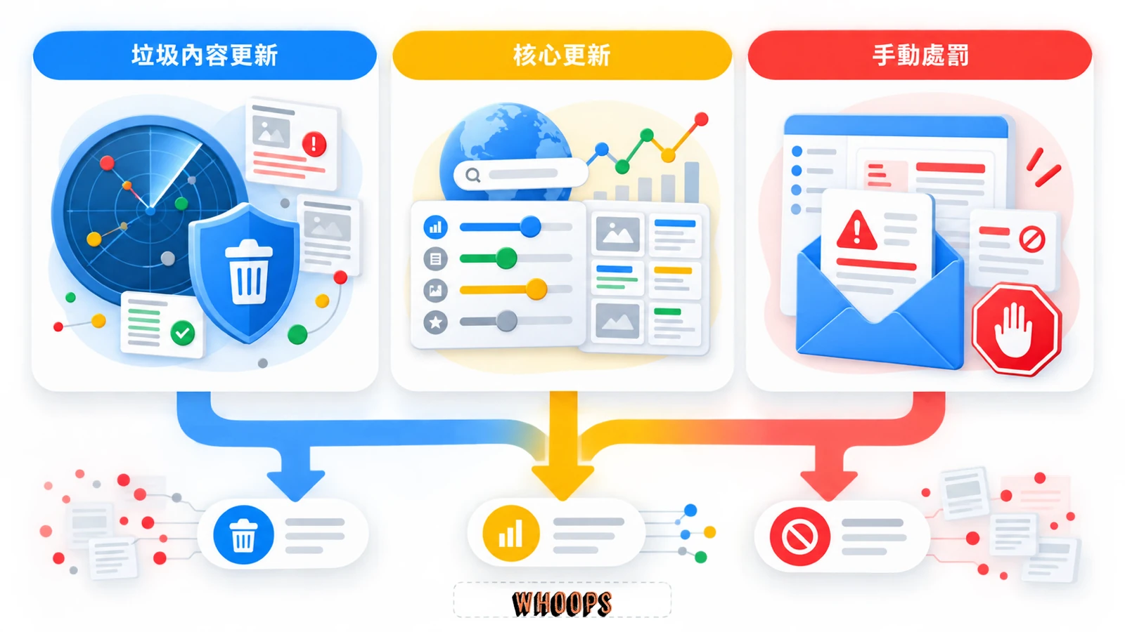 垃圾內容更新、核心更新與手動處罰三種 Google 搜尋機制比較圖
