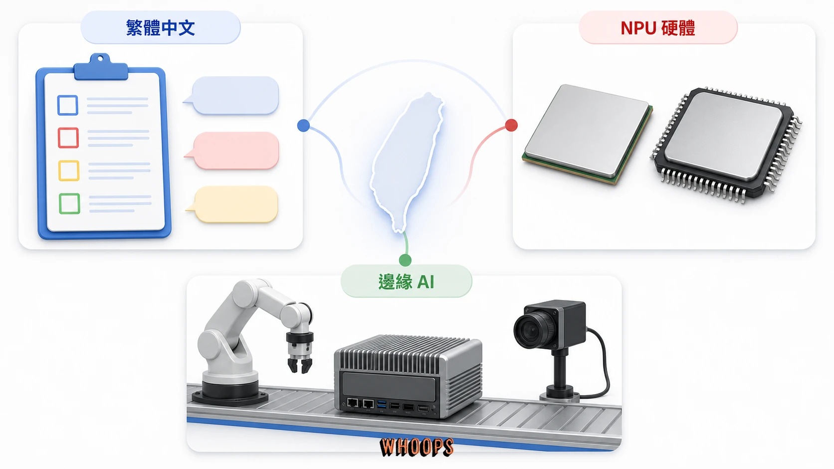 台灣小型語言模型應用圖，呈現繁體中文實測、NPU 硬體與邊緣 AI 產業機會。