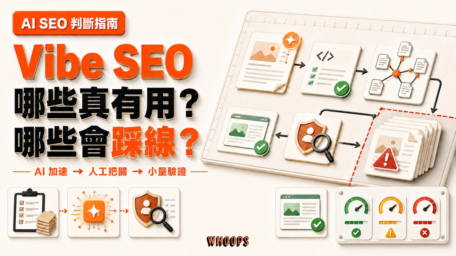 Vibe SEO 精選圖片，以產品規格畫布呈現 AI 加速、人工把關、小量驗證與量產踩線界線
