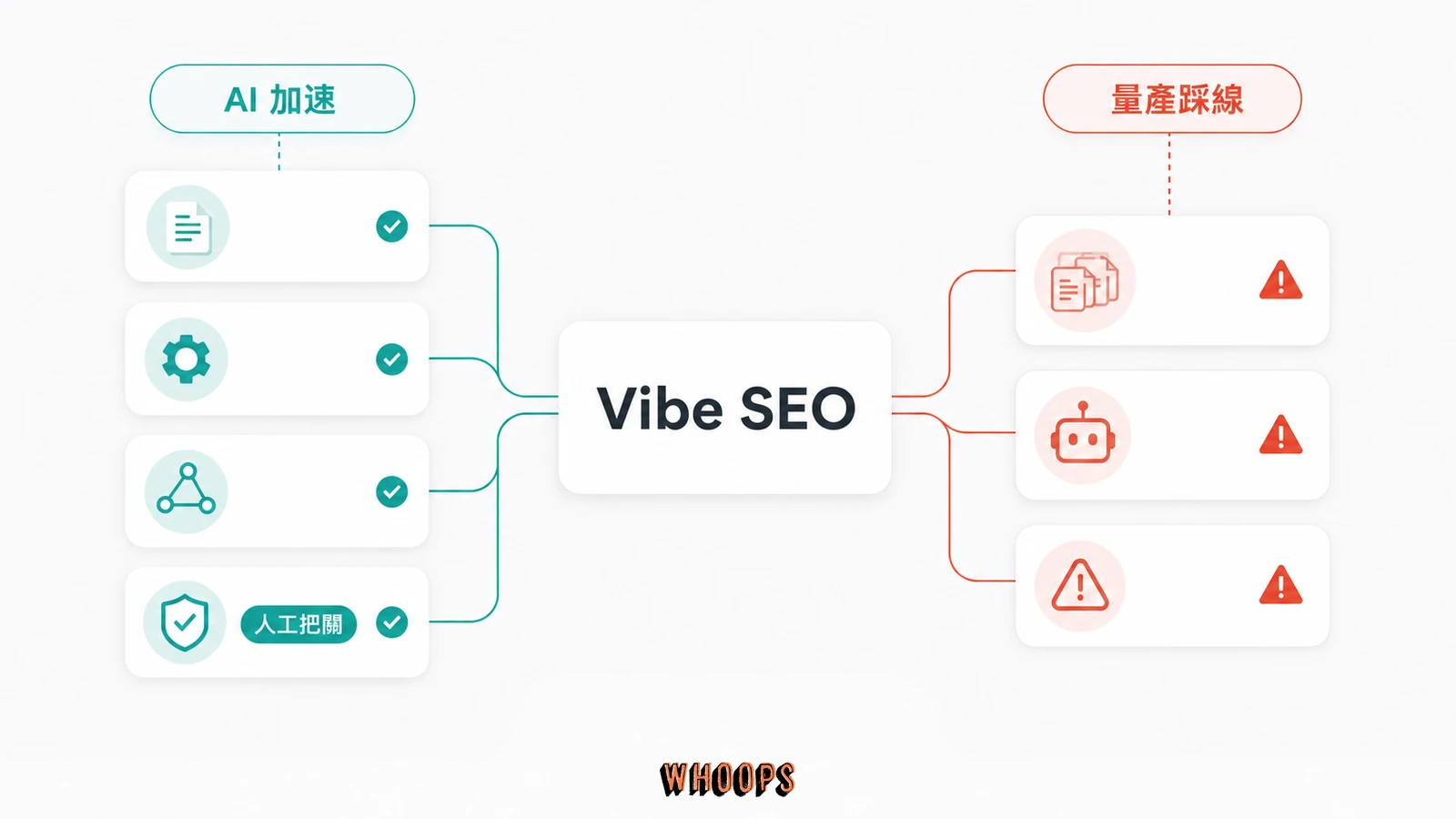 Vibe SEO 判斷圖，左側整理 AI 加速與人工把關的有效做法，右側標示全自動量產內容的踩線風險