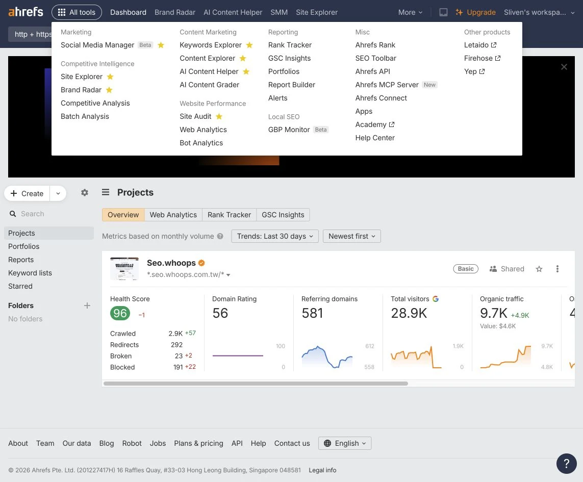 All tools 依用途列出 Ahrefs 的主要入口;頂部導覽只呈現其中一部分