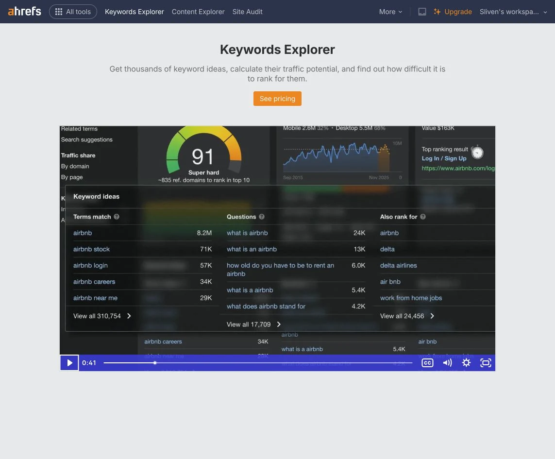 免費工作區的 Keywords Explorer 入口顯示升級提示,下方是產品示範影片,並非本帳號產生的查詢報告