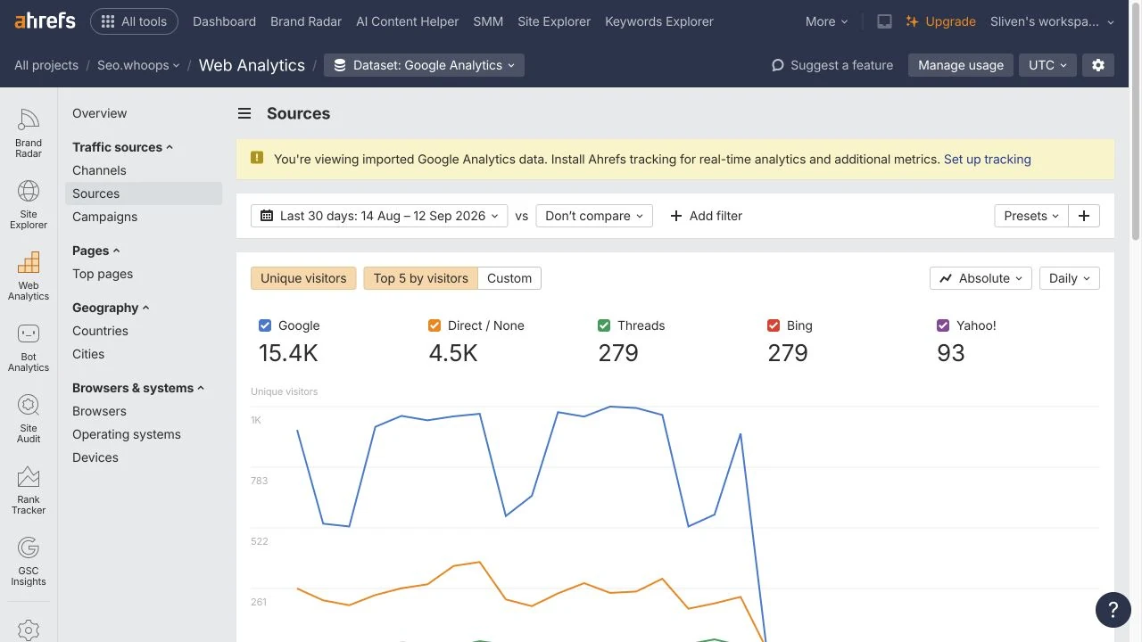 Sources 可比較 Google、Bing、社群與其他來源