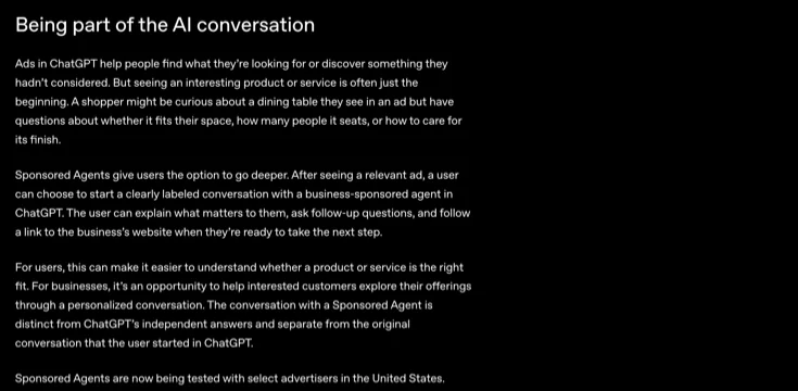 OpenAI 說明 Sponsored Agents 對話與原本 ChatGPT 對話分離,並在美國選定廣告主測試