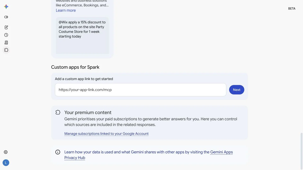 Gemini Spark Custom app 欄位要求輸入 MCP server URL
