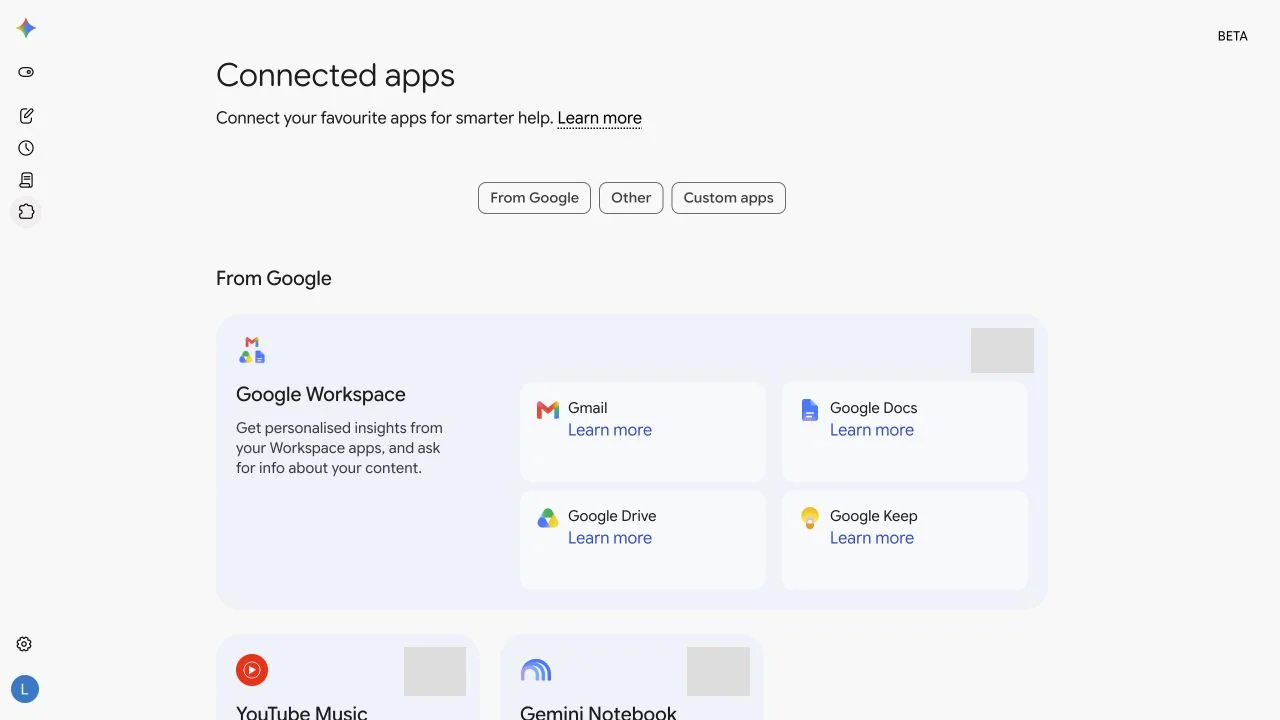 Gemini Spark Connected apps Google 區列出 Workspace、YouTube Music 與 Gemini Notebook 等卡片