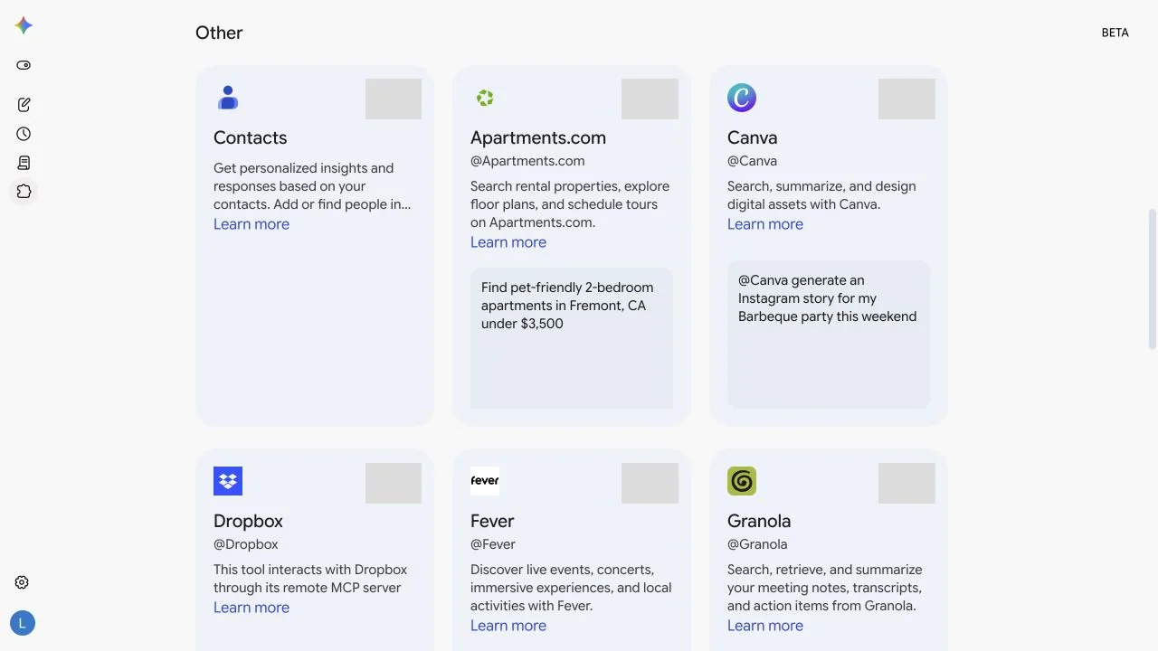 Gemini Spark Connected apps Other 區與第三方服務卡片