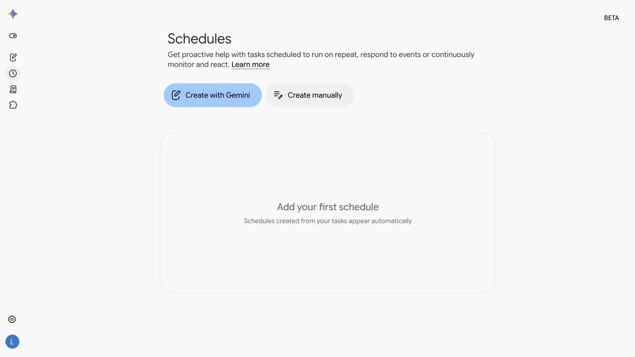 Gemini Spark Schedules 頁面提供 Create with Gemini 與 Create manually
