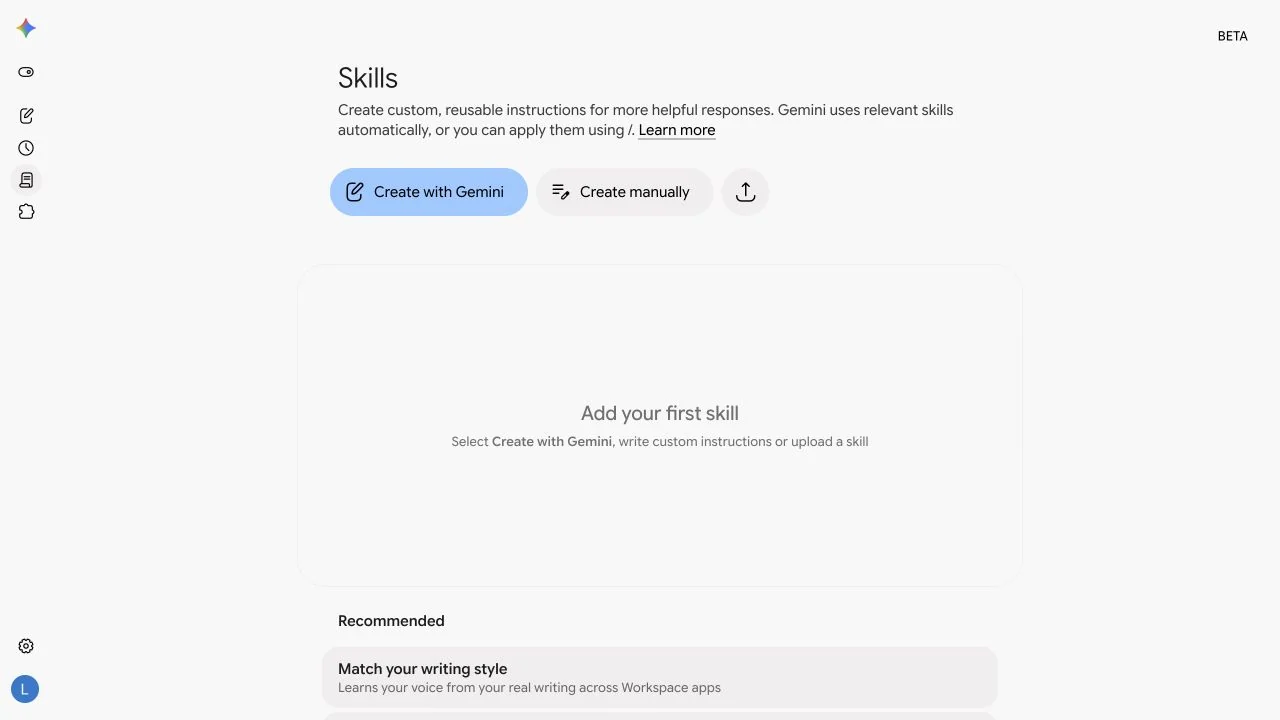 Gemini Spark Skills 頁面顯示推薦範本與三種建立方式