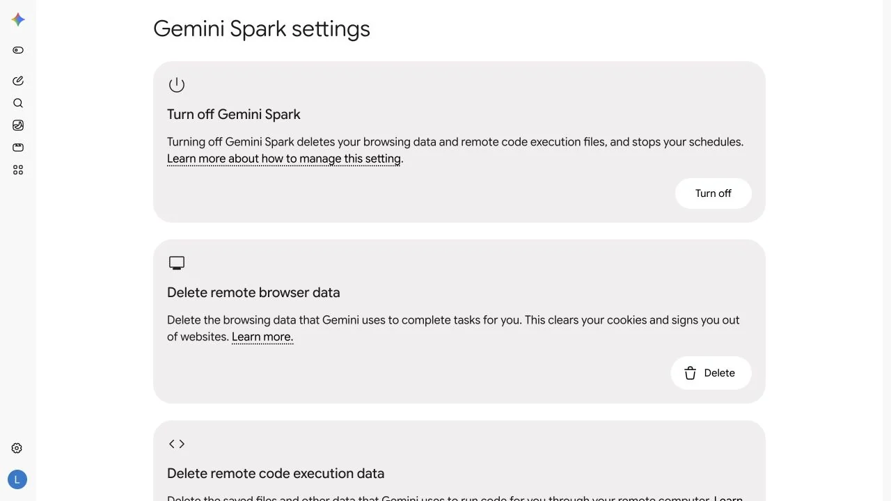 Gemini Spark Settings 顯示關閉 Spark、刪除遠端瀏覽器資料、刪除遠端程式執行資料