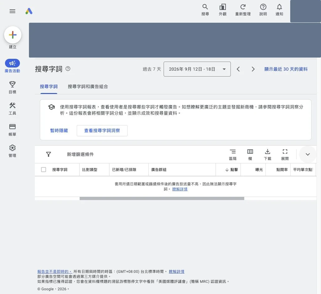 Google Ads 搜尋字詞報表及區隔欄位下載按鈕