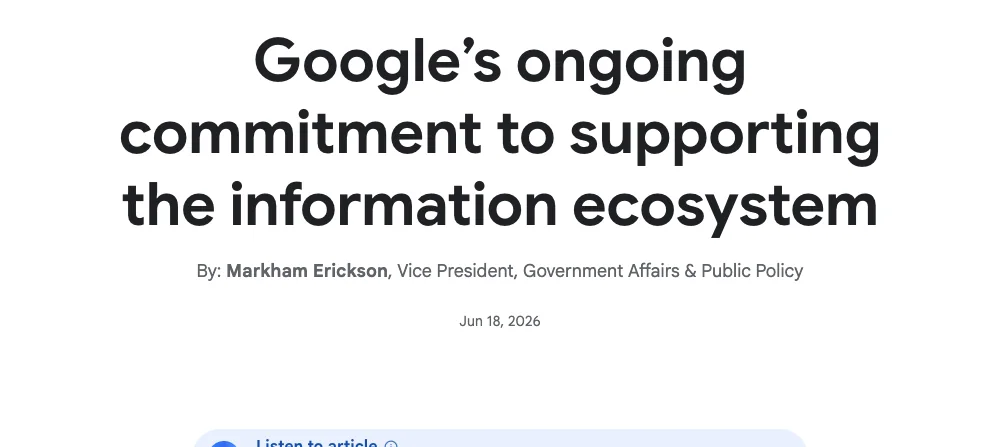 Google 官方政策文章完整標題、作者 Markham Erickson 與 2026 年 6 月 18 日發表日期