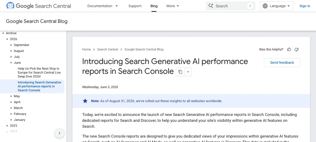 Google Search Central Blog 官方公告頁面截圖，標題為推出 Search Console 生成式 AI 成效報表，附 2026 年 8 月 31 日全球開放的註記