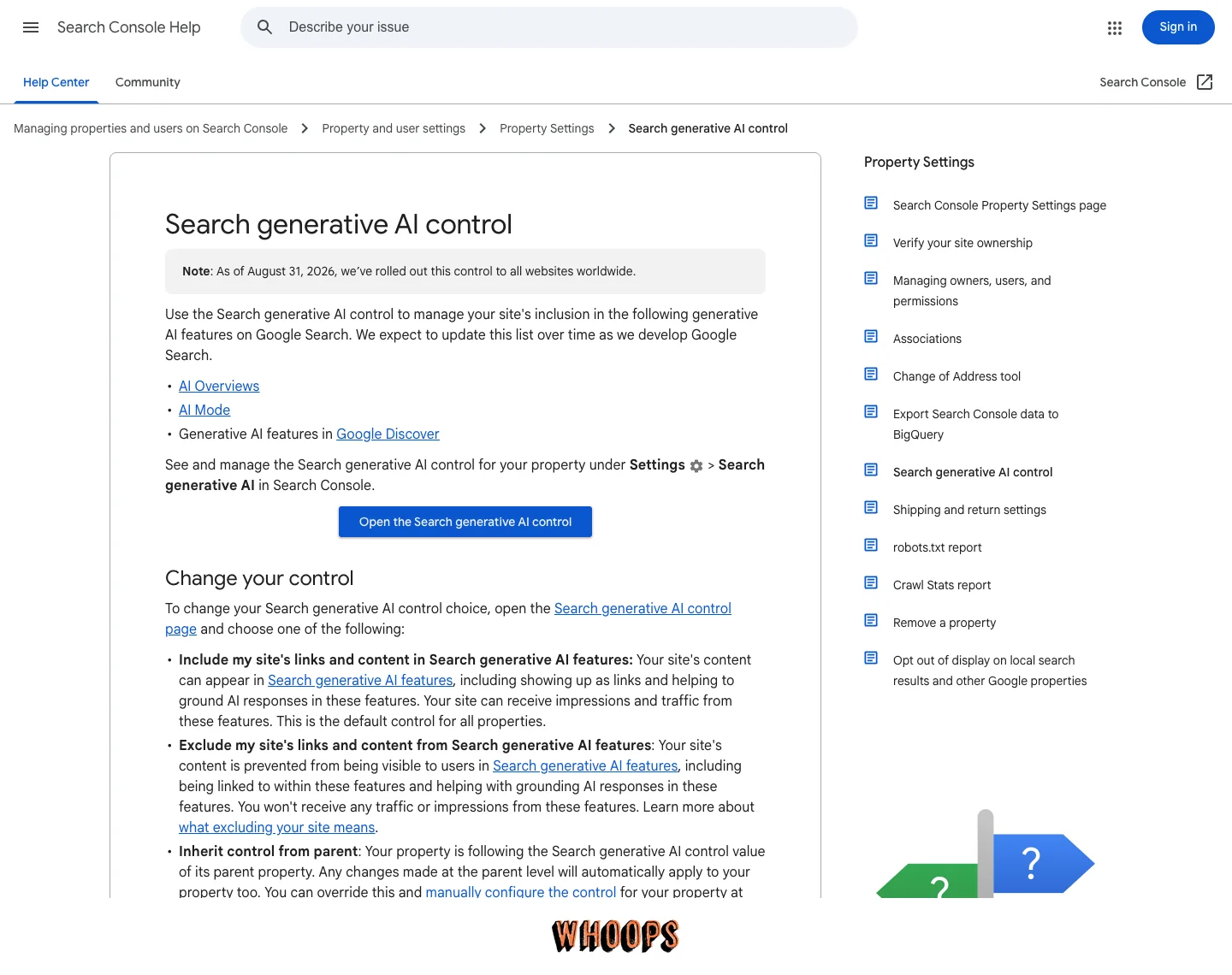 Google Search Console 官方說明頁，介紹 Search generative AI 控制項與全球推出日期。