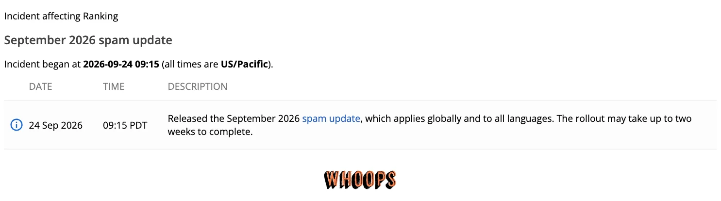 Google Search Status Dashboard 事件公告:2026 年 9 月 24 日 09:15 PDT 開始,適用全球與所有語言
