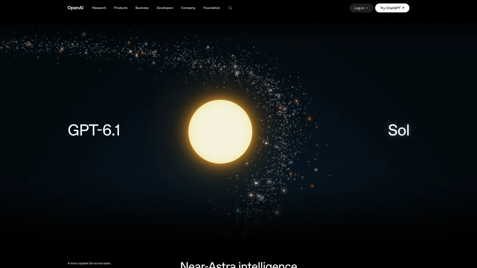OpenAI 官方 GPT-6.1 Sol 發布頁主視覺與 Near-Astra intelligence 副標