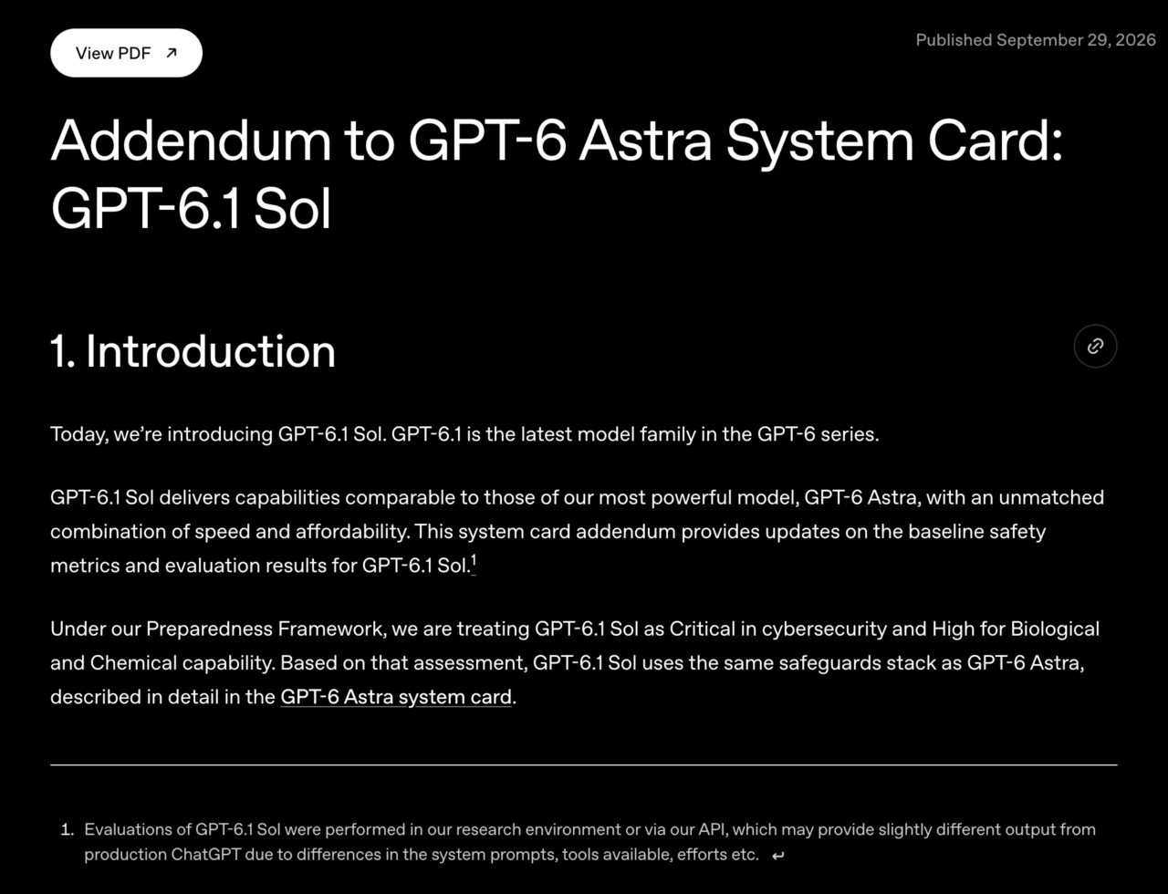 OpenAI Deployment Safety Hub 的 GPT-6.1 Sol 系統卡附錄標題與安全評估摘要